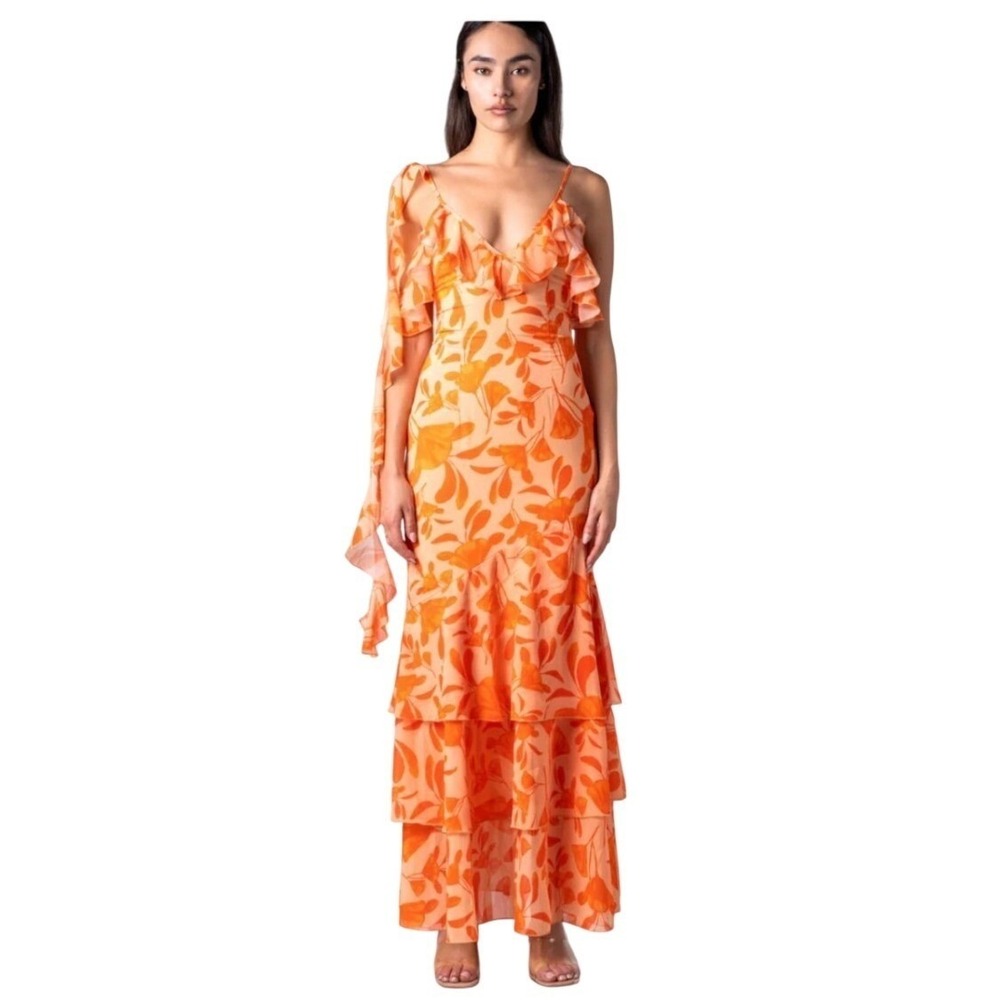 Orange Floral Maxi Dress Ruffle Tiered Tropical Boho Summer Womens Large